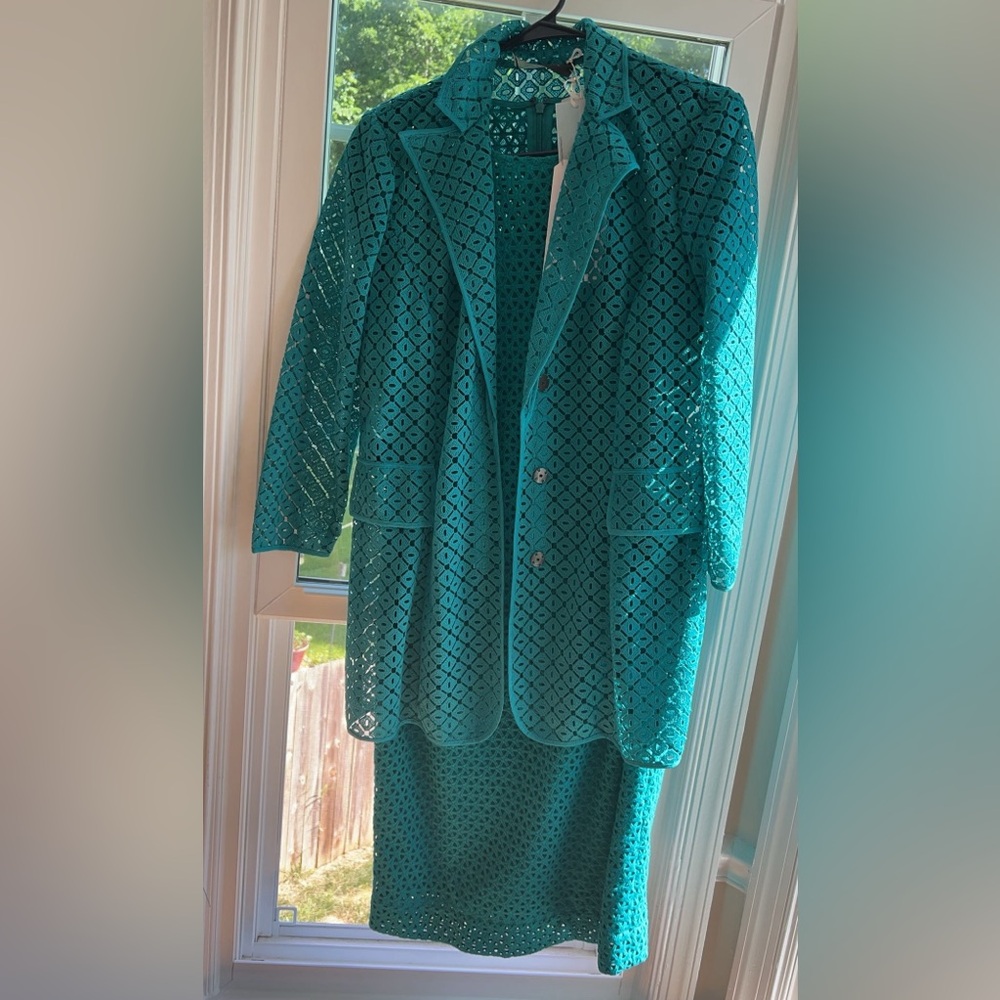 Carlisle Sz 2 Teal Turquoise Beautiful Cut-Away Lace 3/4 Jacket Blazer